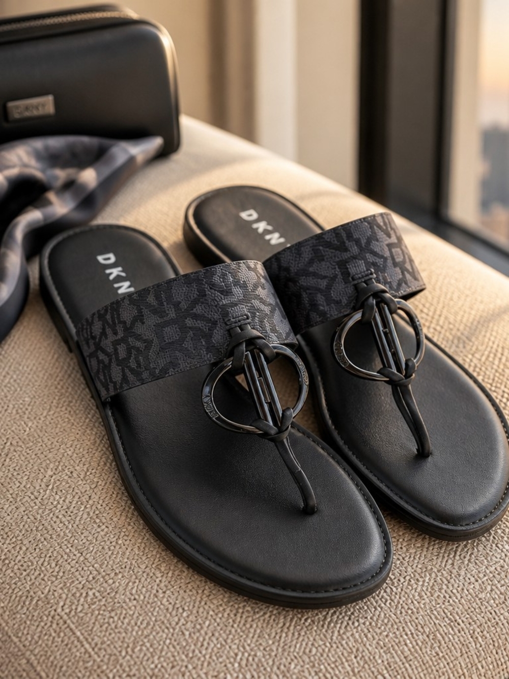 DKNY Haya Black Gray Ring Logo Sandals Size 9